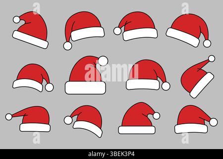Collezione Red Babbo Natale Cappelli di Babbo Natale Set di cappelli di Babbo Natale Natale e Capodanno Design Vector Illustrazione Vettoriale