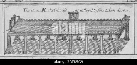 Rappresentazione del mercato del mais (Wine Street) a Bristol dalla mappa della città di James Millerd del 1728, basata sulla versione del 1673 ma con la didascalia che notava la scomparsa del vecchio mercato del mais. Foto Stock