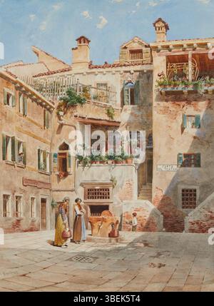 Questo dipinto ad acquerello, intitolato *Frauen auf der Corte del Teatro Venedig*, creato alla fine del XIX/XX secolo, mostra le donne nel cortile del teatro di Venezia. E' firmato da 'J. Kant' e riflette la vivace atmosfera della vita veneziana. Foto Stock