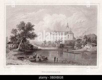 Incisione in acciaio del 1846 di Poppel dopo Würthle, raffigurante il monastero di Walderbach in Germania, evidenziando l'architettura monastica e il paesaggio circostante. Foto Stock