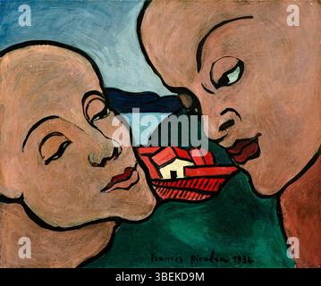 "Deux têtes" di Francis Picabia, dipinto nel 1934, presenta due teste umane astratte in una forma semplificata e stilizzata. Il lavoro dimostra l'approccio sperimentale di Picabia alla ritrattistica, mescolando elementi di cubismo e surrealismo. Le caratteristiche distorte e la composizione frammentata invitano gli spettatori a esplorare la relazione tra rappresentazione e astrazione. Foto Stock