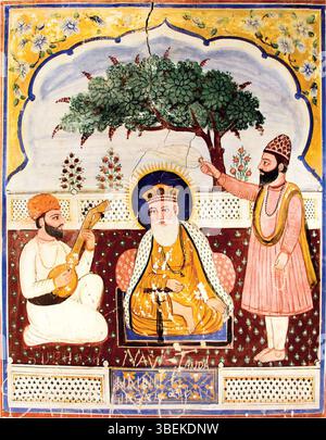 Questo murale dell'inizio del XIX secolo del Bairagi Thakurdwara raffigura Guru Nanak con Mardana e Bala. È un affresco religioso di RAM Tatwali, Hoshiarpur. Foto Stock
