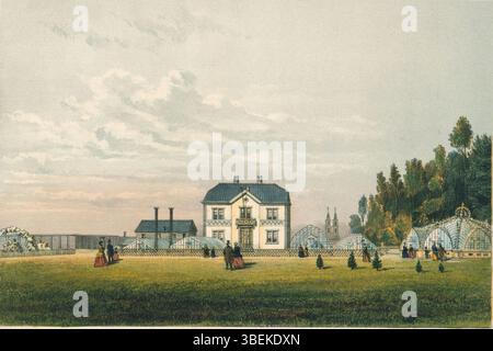 1856 litografia di Adrien Canelle raffigurante le serre del Giardino Zoologico di Bruxelles, con strutture botaniche del XIX secolo. Foto Stock