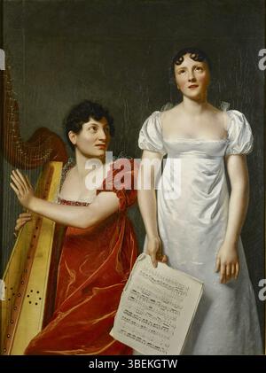 Questa opera, attribuita a Henri-Francois Riesener, raffigura un arpista e un cantante. Il pezzo risale al 1810 circa ed è ospitato al Musée de la Musique di Parigi. Riflette le tendenze artistiche e culturali dei primi anni del XIX secolo, mettendo in mostra un esecutore in un ambiente musicale raffinato. Foto Stock