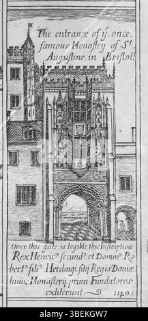 Questa rappresentazione del 1728 di James Millerd e successivi editori mostra la porta normanna dell'ex abbazia di St Augustine a Bristol. L'incisione offre uno sguardo sulle caratteristiche architettoniche dell'abbazia come apparve nel XVII secolo, evidenziando il significato storico della porta nel patrimonio architettonico della regione. Foto Stock