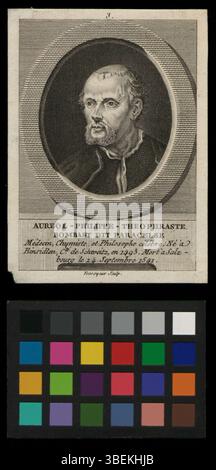 Questa incisione in rame bianco e nero tra il 1500 e il 1599 raffigura Paracelso, un medico e alchimista svizzero noto per il suo lavoro in medicina e chimica. Foto Stock