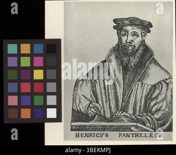 Questa riproduzione in bianco e nero di un'incisione in rame tra il 1500 e il 1599 raffigura Henricus Pantheleon, una figura storica del Rinascimento. Foto Stock