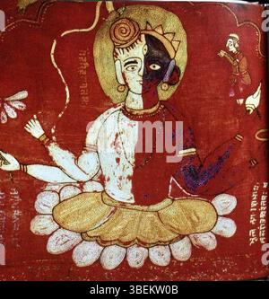 Questa parete ricamata presenta una dettagliata raffigurazione di *Harihara*, che simboleggia lo scompiglio del mondo-oceano nella mitologia indiana. Creato da Bebe Nanaki alla fine del XV o all'inizio del XVI secolo, è un esempio chiave dell'arte religiosa e della mitologia Sikh. Foto Stock