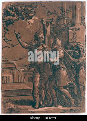 Una stampa di Antonio da Trento, con Augusto e la Sibilla Tiburtina, che fonde la mitologia classica con lo stile artistico rinascimentale. Foto Stock