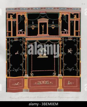 Parete nord affrescata dalla sala 15 della Casa della seconda Fontana di Mosaico, Pompei. Il muro fu scavato nel 1827 da Wilhelm Zahn e fornisce una panoramica dell'arte romana degli affreschi. Foto Stock