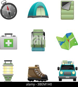 Icone di campeggio e trekking con bussola illustrata ombreggiata, tenda, sacco a pelo, kit di pronto soccorso, zaino, mappa, lampada, scarponi da trekking e suv. Illustrazione Vettoriale