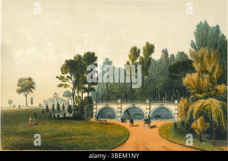 1856 litografia di Adrien Canelle raffigurante la fossa degli orsi del Giardino Zoologico di Bruxelles, parte di una serie di vedute principali del sito. Foto Stock