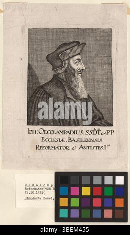 Questa incisione in rame bianco e nero tra il 1500 e il 1599 raffigura Johannes Oecolampadius, un riformatore protestante svizzero. Foto Stock