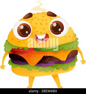 Questa è un'immagine a cartone animato di un hamburger sorridente con grandi occhi. Ha tutti gli ingredienti deliziosi come lattuga, pomodoro, formaggio e cipolle. Sembra yumm Illustrazione Vettoriale