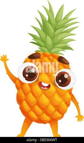 Un'illustrazione vibrante che mostra un adorabile personaggio di ananas con occhi grandi ed espressivi e un'onda amichevole, perfetta per vari progetti creativi Illustrazione Vettoriale