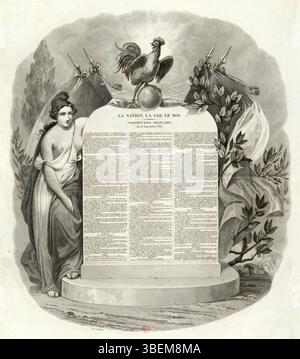 Questa incisione di Bénard del 1835-1841 circa raffigura la Costituzione francese del 1791, enfatizzando i principi di *la Nation, la Loi, le ROI* (la Nazione, la legge, il Re). Funge da rappresentazione delle basi politiche e giuridiche della Francia rivoluzionaria. Foto Stock