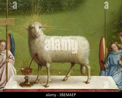 Dettaglio tratto dalla pala d'altare di Gand intitolata "l'Adorazione dell'Agnello mistico", dipinta da Jan van Eyck e Hubert van Eyck nel 1432, che esemplifica l'arte primitiva della pala d'altare polittica olandese. Foto Stock