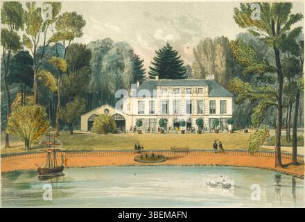 1856 litografia di Adrien Canelle raffigurante la sala riunioni e ristorante del giardino zoologico di Bruxelles, pubblicata da J. Géruzet. Foto Stock