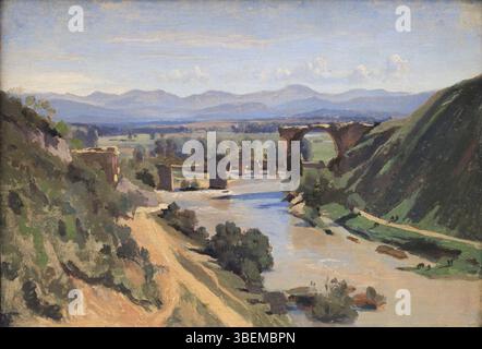 Il dipinto di Jean-Baptiste Camille Corot del 1826 "le pont de Narni" (il ponte di Narni) cattura il tranquillo paesaggio della campagna italiana, con un ponte di pietra che attraversa un fiume circondato da alberi e montagne. L'opera di Corot riflette il tranquillo mondo naturale e l'approccio classico alla pittura del paesaggio tipico dell'era romantica. Foto Stock