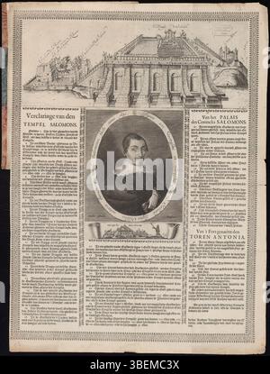 Questa incisione del 1641, creata da Salomon Italia, raffigura l'immagine del famoso studioso ebraico Jacob Yehudae Leon. Leon fu autore di un significativo lavoro sulla costruzione del Tempio di Salomone, che fu completato nello stesso anno. Foto Stock