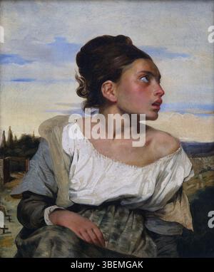 Il dipinto del 1824 Orphan Girl at the Cemetery di Eugène Delacroix cattura l'intensità emotiva del romanticismo. L'opera riflette la maestria dell'artista nell'illuminazione drammatica e nella profondità psicologica. Foto Stock