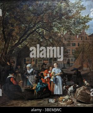 "Le Marché aux herbes d'Amsterdam" è un dipinto di Gabriel Metsu, creato tra il 1660 e il 1661. L'opera raffigura un vivace mercato vegetale di Amsterdam, che cattura la vita quotidiana e il commercio del XVII secolo. L'uso dettagliato di luce e texture di Metsu dà vita alla scena, mostrando la sua maestria nella pittura di genere. Foto Stock