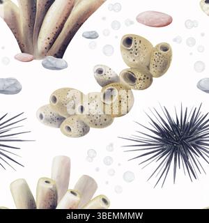 Motivo senza cuciture con ricci di mare. Coralli e spugne marine sul fondo. Oceanarium. Barriera corallina. Illustrazione acquerello senza sfondo. Mano Foto Stock