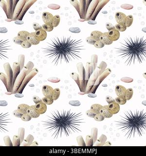 Motivo senza cuciture con ricci di mare. Coralli e spugne marine sul fondo. Oceanarium. Barriera corallina. Illustrazione acquerello senza sfondo. Mano Foto Stock