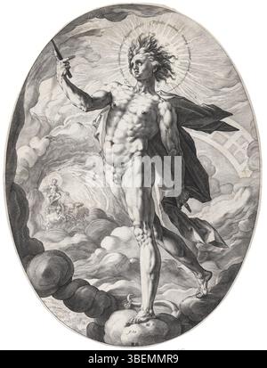 "Apollo" di Hendrick Goltzius (1558-1617) è un'incisione del 1588, raffigurante il dio greco Apollo in uno stile classico. Il pezzo appartiene alla collezione PK-P-100,762, con riferimenti storici a varie opere accademiche. Foto Stock
