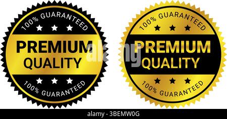 badge di alta qualità con design circolare oro e nero con stelle e etichetta garantita per prodotti affidabili Illustrazione Vettoriale