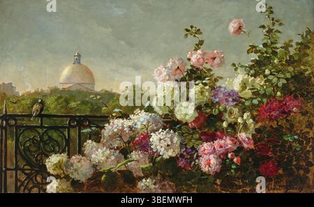 Il dipinto di Abbott Fuller Graves "From the Terrace" cattura una vista panoramica da una terrazza, probabilmente all'inizio del XX secolo. Il dipinto enfatizza la luce, la natura e i colori mutevoli del paesaggio, dimostrando l'abilità di Graves nel catturare gli effetti atmosferici della natura nei suoi paesaggi. Foto Stock