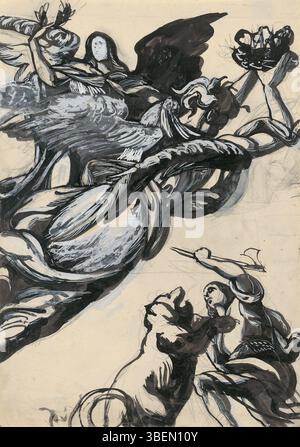 "Rapito da un mostro" di Ján Novák (1940-1944) raffigura una scena fantastica in cui un personaggio viene preso da un mostro. L'illustrazione incarna elementi di surrealismo e fantasia visiva, comuni nelle opere di Novák in questo periodo. Foto Stock