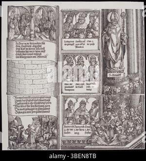 Questa opera d'arte, intitolata "Arc tromphal de l'empéreur Maximilien i", raffigura scene storiche, set di antenati e una statua di Sant'Arnolfo, trovata nella parte sinistra dell'arco trionfale dedicato all'imperatore Massimiliano I. creata da Albrecht Dürer, fa parte della più grande serie di Bartsch. L'arco è descritto in parti separate: Sinistra, centrale e destra, con questo pezzo che fa parte della sezione sinistra. Foto Stock