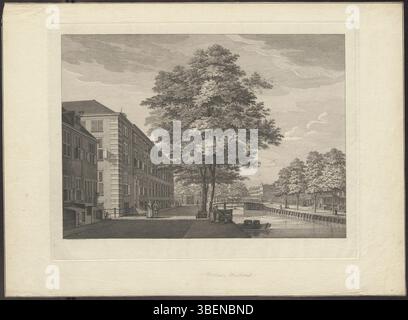 Questa vista di un canale olandese, probabilmente ad Amsterdam, raffigura una scena con l'orfanotrofio vallone. Creato da Caspar Philips, il dipinto cattura il paesaggio urbano dei Paesi Bassi del XVIII secolo. Foto Stock