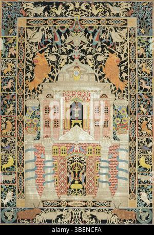 La Mizrah è un'opera d'arte papercut di Israel Dov Rosenbaum, creata nel 1877. Mostra i disegni intricati che si trovano tipicamente nell'arte cerimoniale ebraica. Il pezzo, spesso usato per adornare le pareti orientali delle case ebraiche, riflette la cultura e l'arte tradizionali ebraiche. Foto Stock