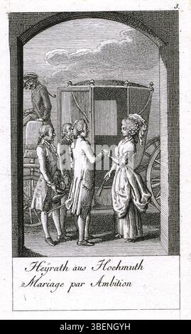 Incisione di Daniel Nikolaus Chodowiecki del 1800 circa, che mostra una coppia in piedi davanti a una carrozza trainata da cavalli. Foto Stock