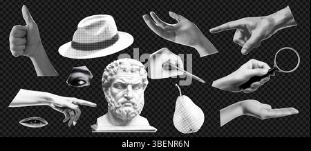 Collage surrealista con mani, cappello, busto, pera, occhio, e lente d'ingrandimento per un design artistico Illustrazione Vettoriale