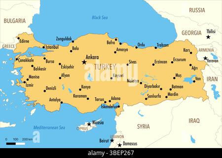 Mappa della Turchia (Turkiye) con le principali città e i paesi vicini Foto Stock