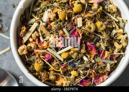 Tè alle erbe secco biologico in una ciotola pronta per l'estrazione Foto Stock