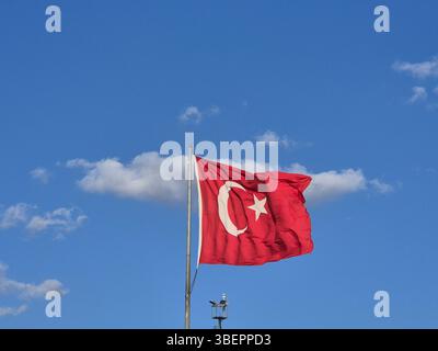 La bandiera nazionale della Repubblica di Turchia, nel vento su un palo a Istanbul, Turchia Foto Stock