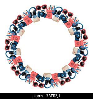 Cornice rotonda con equipaggiamento da viaggio come cuffie, passaporti, occhiali da sole e fotocamere. Illustrazione vettoriale cartoni animati Illustrazione Vettoriale