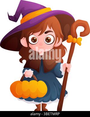 Adorabile strega dei cartoni animati con cappello viola e abito blu, che tiene in mano un cestino di zucca e un bastone magico. Perfetto per le illustrazioni di Halloween e per i bambini Illustrazione Vettoriale