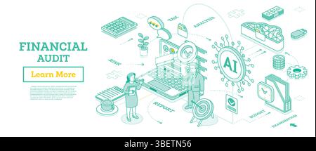 Audit finanziario e analisi aziendale con l'integrazione della tecnologia di intelligenza artificiale. Illustrazione vettoriale. Donna d'affari con un documento. Uomo d'affari in piedi Illustrazione Vettoriale
