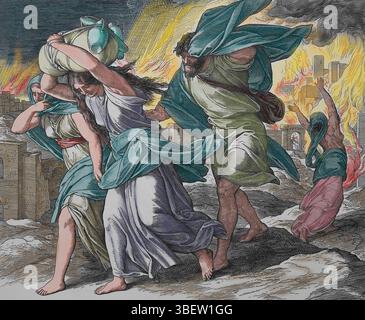 Vecchio Testamento. Lot fugge da Sodoma. Genesi. Illustrazione di J. Schnorr von Carolsfeld. "La Bibbia dei quadri", 1852-60. Foto Stock