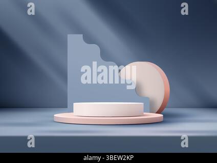 Scenografia 3d minimalista con podio cilindrico rosa tenue 3D su una base coordinata con forme geometriche astratte in blu e pesca, un prodotto moderno Illustrazione Vettoriale