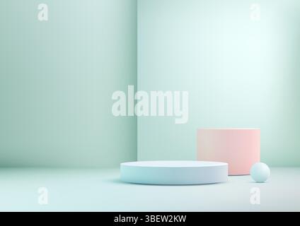 Serena scena 3d con podio cilindrico blu pastello 3D e plateau rosa tenue con una morbida sfera blu, mockup di prodotti dall'estetica minimalista, di Illustrazione Vettoriale