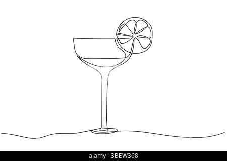 Disegno minimalista che raffigura un bicchiere da cocktail con una fetta di limone sul bordo Illustrazione Vettoriale