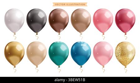 Palloncini eleganti set di appunti per il compleanno. Clip art colorate con palloncino per compleanni, anniversari e matrimoni Illustrazione Vettoriale