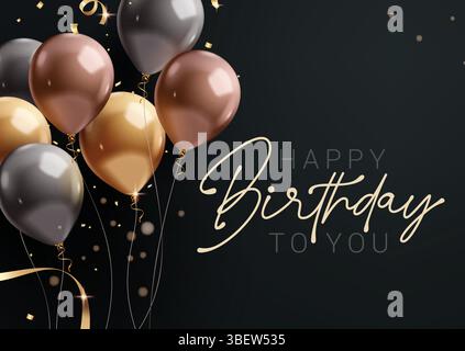 Buon compleanno, nero invito card clipart design. Saluto di compleanno e auguri clip art con eleganti palloncini galleggianti e decorazioni a coriandoli dorati Illustrazione Vettoriale