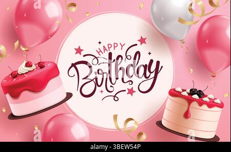 Modello clipart della scheda di invito per buon compleanno. Clip art di benvenuto rosa di compleanno con palloncini ed elementi per feste con torta alle fragole per la festa Illustrazione Vettoriale